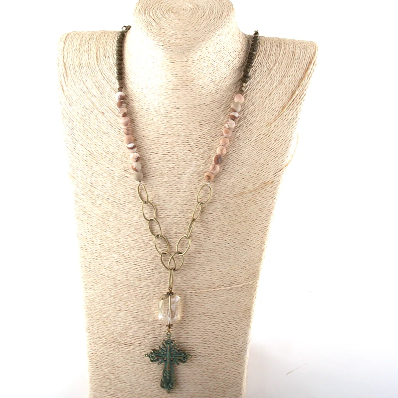 

Fashion Bohemian Jewelry Natural Stone & Glass Crystal Long Chain Cross Pendant Necklaces For Women Ethnic Necklace