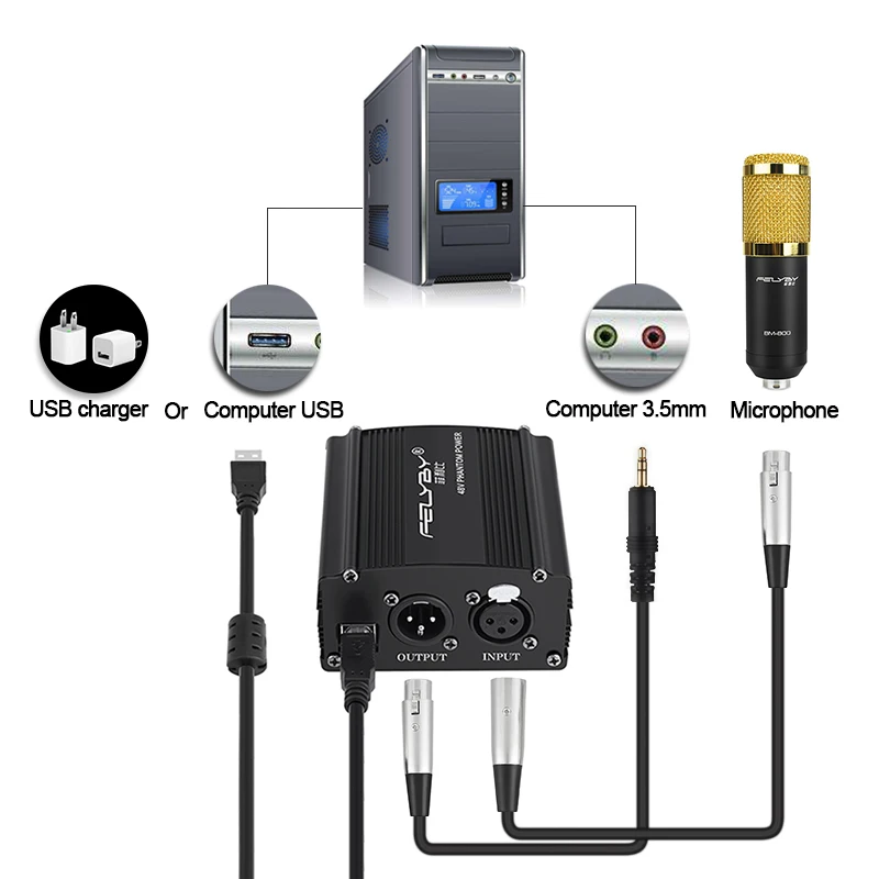 Usb-версии 48В Мощность 110 V/220 V 1-канальный адаптер питания один XLR аудио кабель для любого конденсаторный микрофон для записи