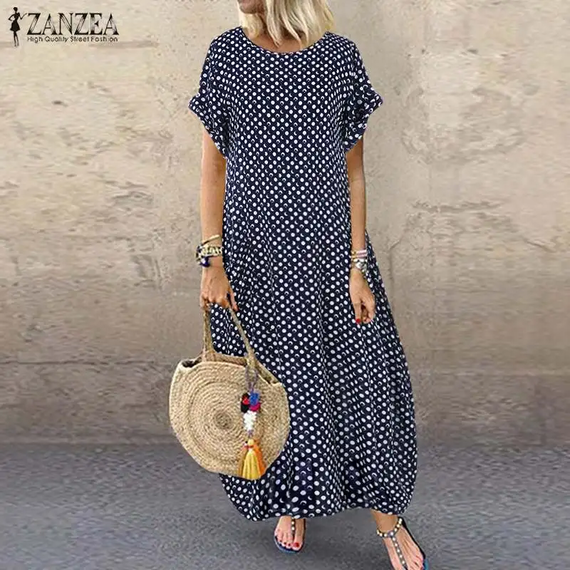 

ZANZEA 2019 Summer Sundress Women Vintage Polka Dot Short Sleeve Baggy Long Dress Robe Femininas O Neck Party Vestido Kaftan 5xl