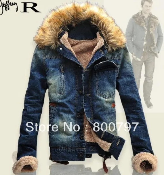 Blue mens Denim fur Collar fur lining jacket coat trench outwear parka