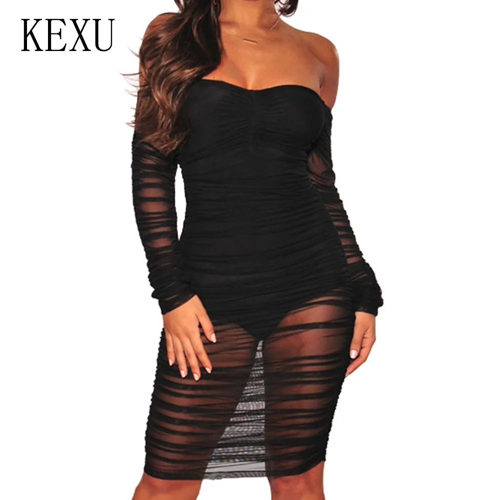 KEXU Women Autumn Sexy Off Shoulder Long Sleeve Dress Fashion See Through Mesh Bodycon Pleated Dress Night Club Party Vestidos