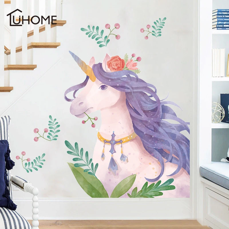 

Cartoon Lovely Unicorns Flowers Wall Stickers Wallpaper DIY Vinyl Home Wall Decals Kids Living Room Bedroom Girls Room Decor