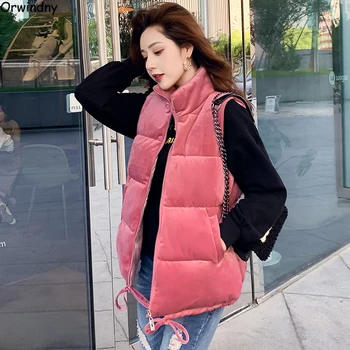 

Orwindny 2019 Winter Velvet Vest Women Stand Collar Autumn Gilet Female S-2XL Thick Warm Cotton Vest Sleeveless Jacket Coat