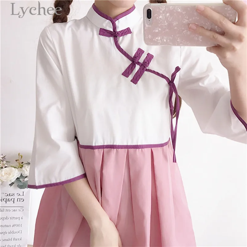 Личи Harajuku Cheongsam хит разноцветное платье с рукавом Три четверти воротником