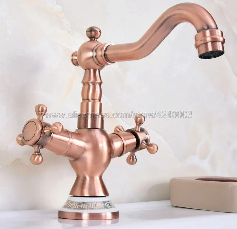 

Antique Red Copper Porcelain Base Bathroom Basin Sink Faucet Double Handle Single Hole Mixer Tap Deck Mounted Knf622