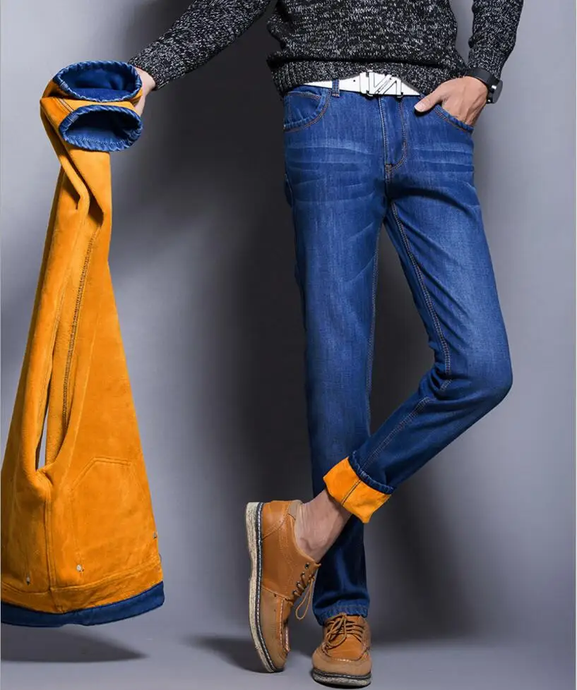 Men Winter Heavyweight Thick Denim Jeans Men Wool Line Warm Straight