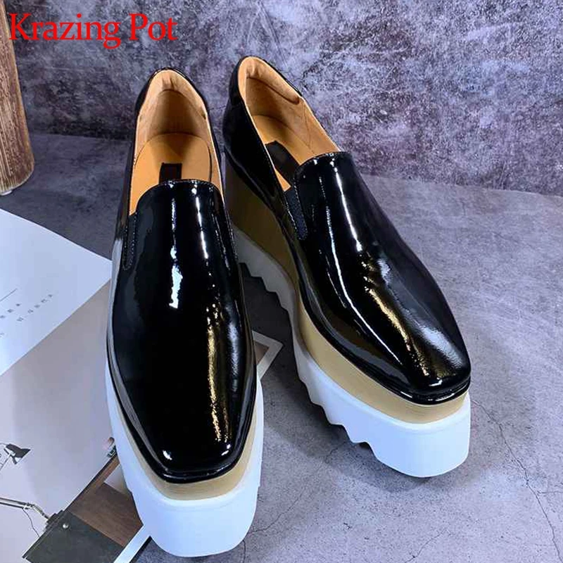 

Krazing Pot full grain leather wedges thick bottom platform slip on solid color square toe casual high quality wedding pumps L18