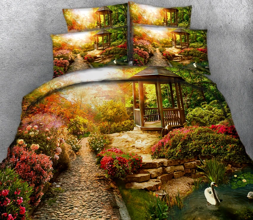 

Corner of park with pavilions and greenery 3d effect photo bed linen can be customized photo pattern