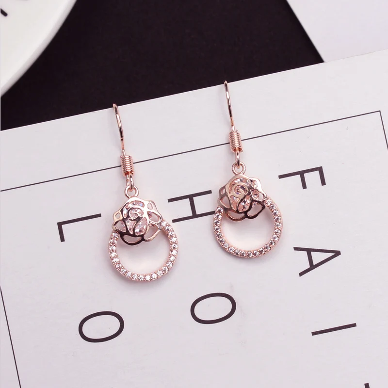 

New Fashion Rose Flower Earrings With Cubic Zirconia Crystal Long Earrings Wedding Bridesmaid Jewelry Gift Drop Dhipping