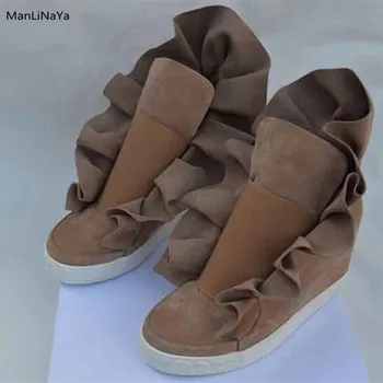 

Fold Ruffles Women Ankle Boots Round Toe Genuine Leather Suede Women Sport Shoes Elastic Band Height Increasing Ankle Lady Boots