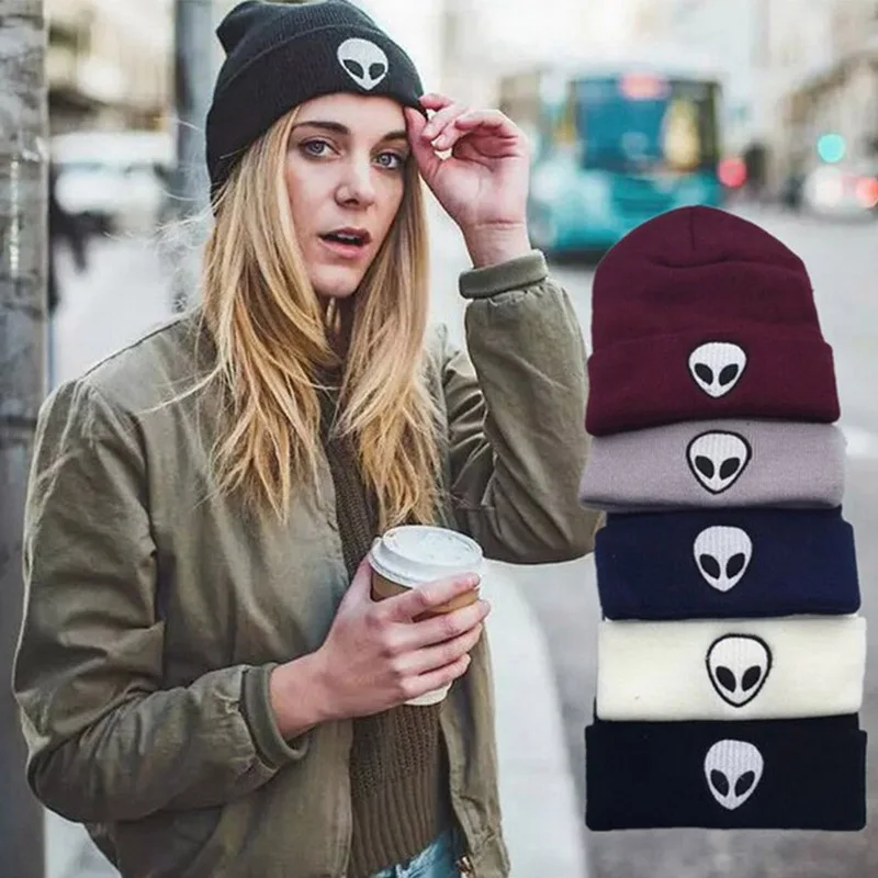 Fashion Alien Embroidery Knitted Hat Winter Women Men Solid Skullies Warm Knitting Hat Unisex Skull Hip-Hop Knit Caps CP0161 (7)