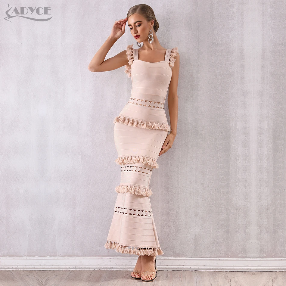 

Adyce 2019 New Summer Women Maxi Hollow Out Bandage Dress Sexy Sleeveless Tassel Club Dress Fringe Celebrity Evening Party Dress
