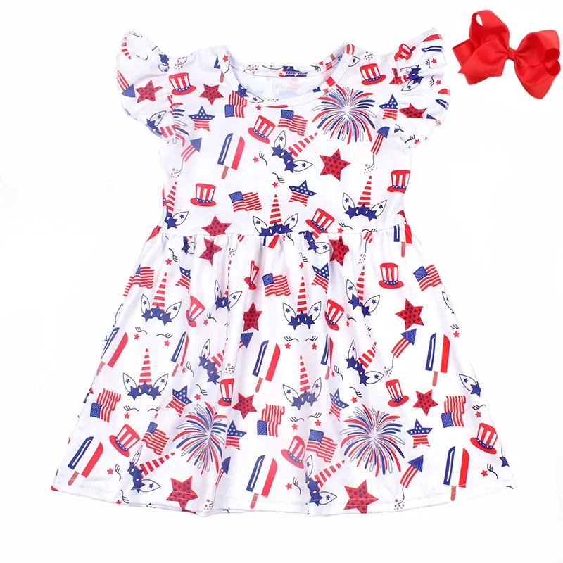

Girls Unicorn July 4th Dress Baby Girls Summer Dress Kids Unicorn Soft Milk Silk Boutique Dresses with Bow Wholesales