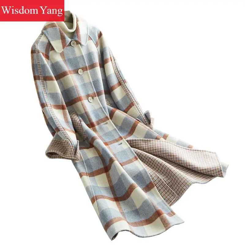 

Elegant Blue Coffee Plaid Sheep Wool Womens Coats Winter Warm Vintage Oversize Long Woolen Trench Overcoat Casual Coat Outerwear