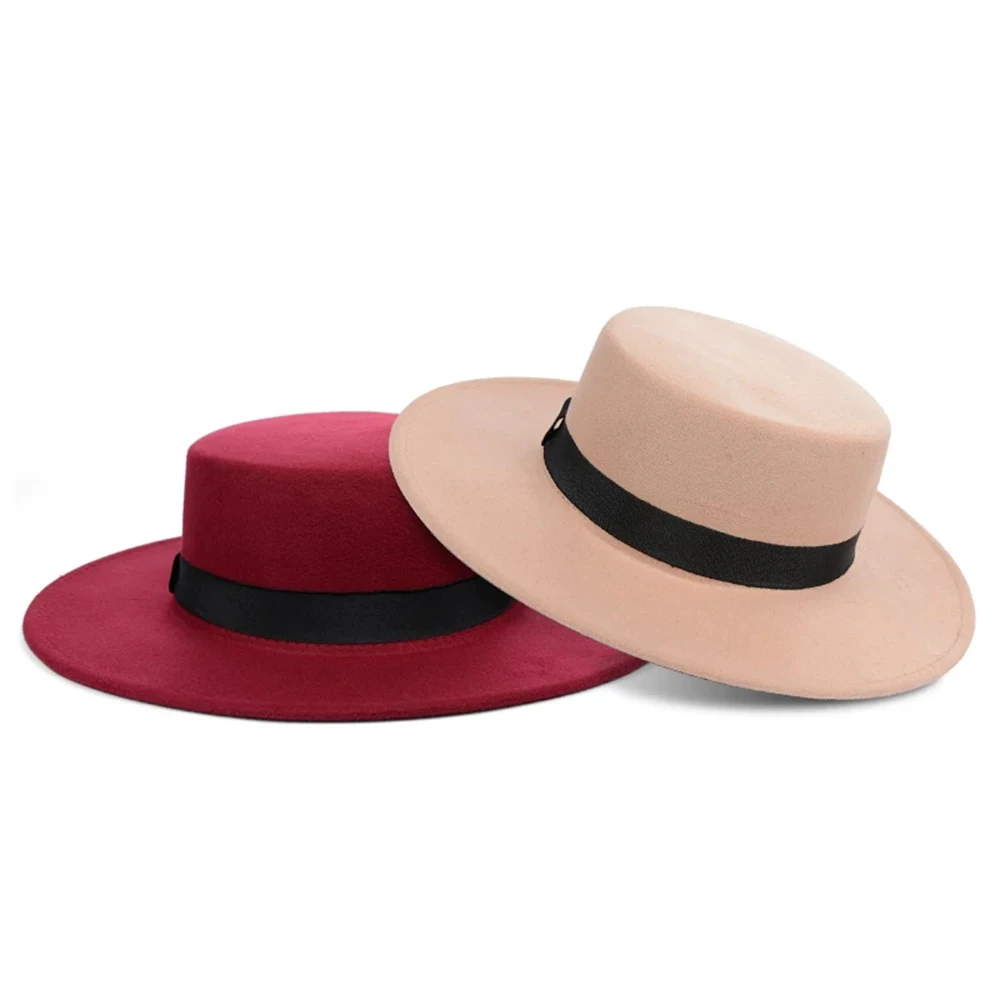 New Classic Solid Color Felt Fedoras Hat Belt for Men Women Blend Jazz Cap Wide Brim Simple Church Derby Flat Top Hat Mujer