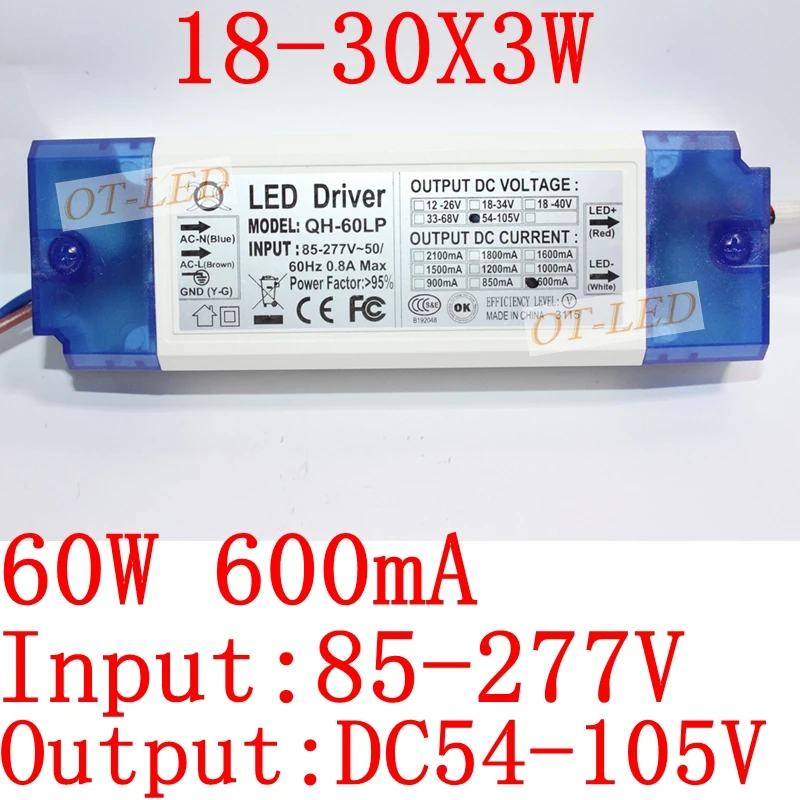 

2 Pieces LED Driver 60W AC85-277V Constant Current 18-30x3W 600mA DC54-105V PFC LED Power Supply For Floodlight Free Shipping
