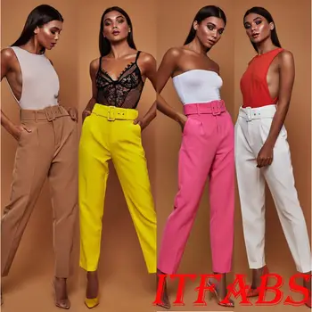 

Fashion Women Long Pencil Pants High Waist Elastic Drawstring Casual Trousers With Belt Streetwear New Pencil Pants