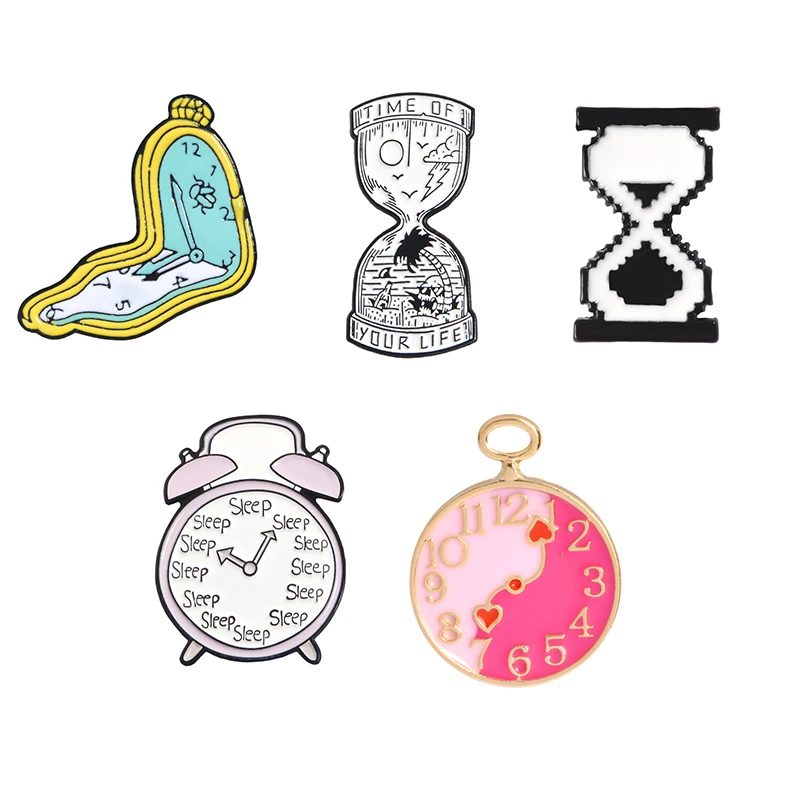 Time Is Life Enamel Pins Collections Alarm Clock Horologe Sand Clock Sand Beaches Enamel Lapel pin Badge metal Pins Brooches