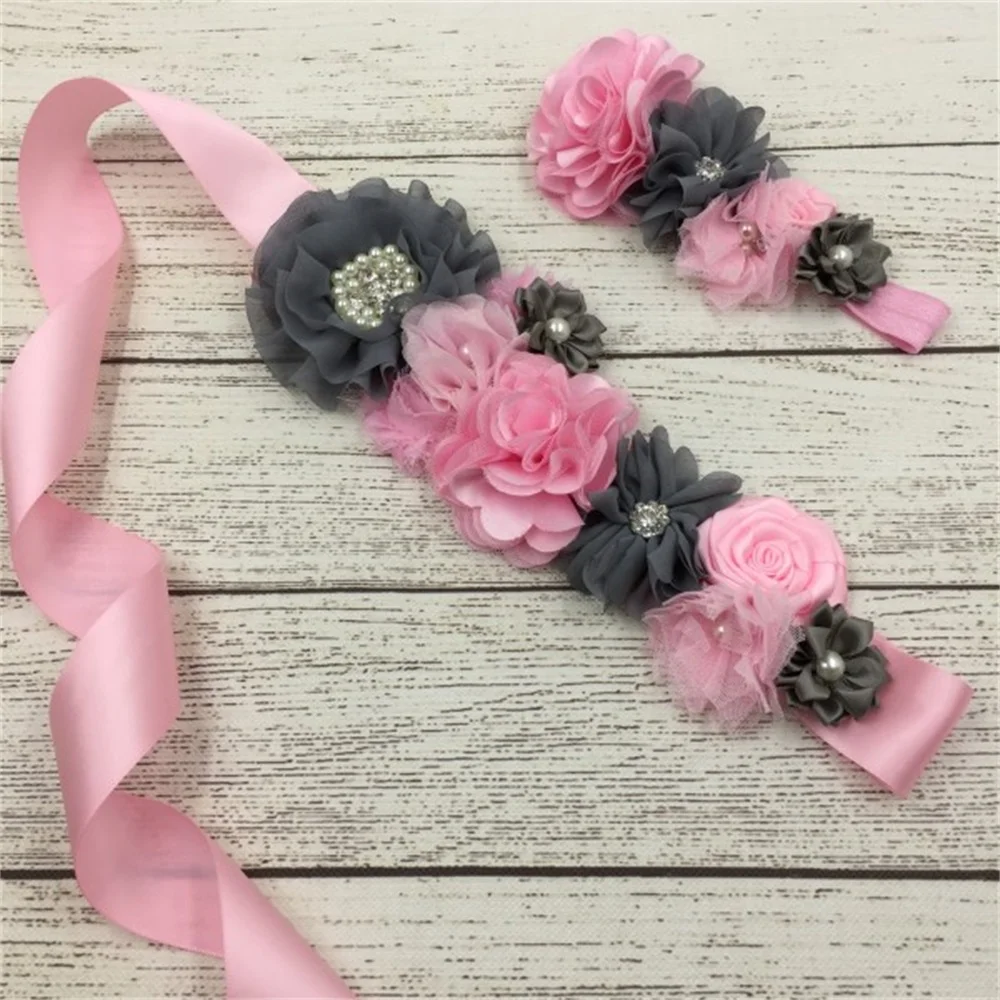 1 sets/lot Luxe Sash Set Chiffon Flower Sash Matching Baby Headband