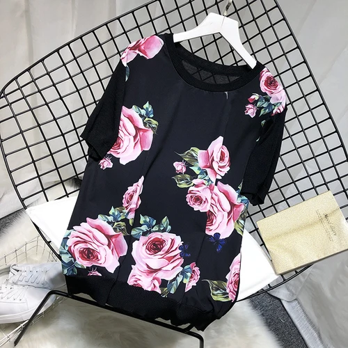Летние винтажные женские трикотажные футболки женские атласные топы с цветочным принтом женские цветочные футболки с коротким рукавом летние трикотажные изделия Топ - Цвет: Черный