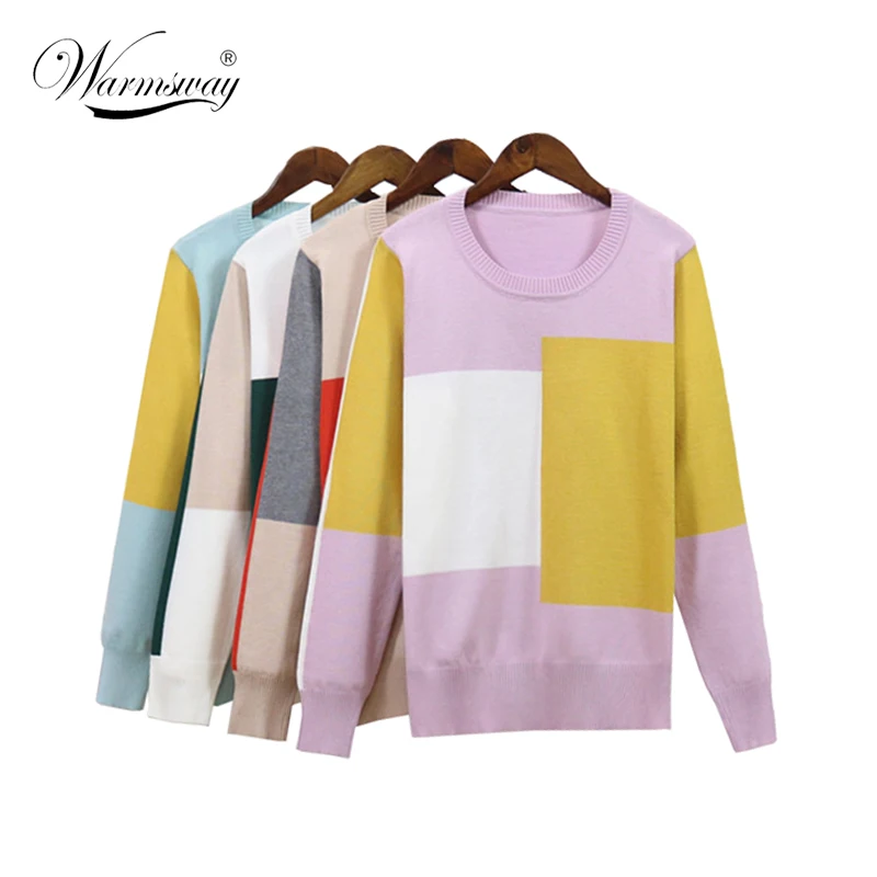 Women Sweater Fall Winter Contrast Color Patchwork Loose Long Sleeve Female Soft Pullovers  Casual Split Big Size Top  B-162