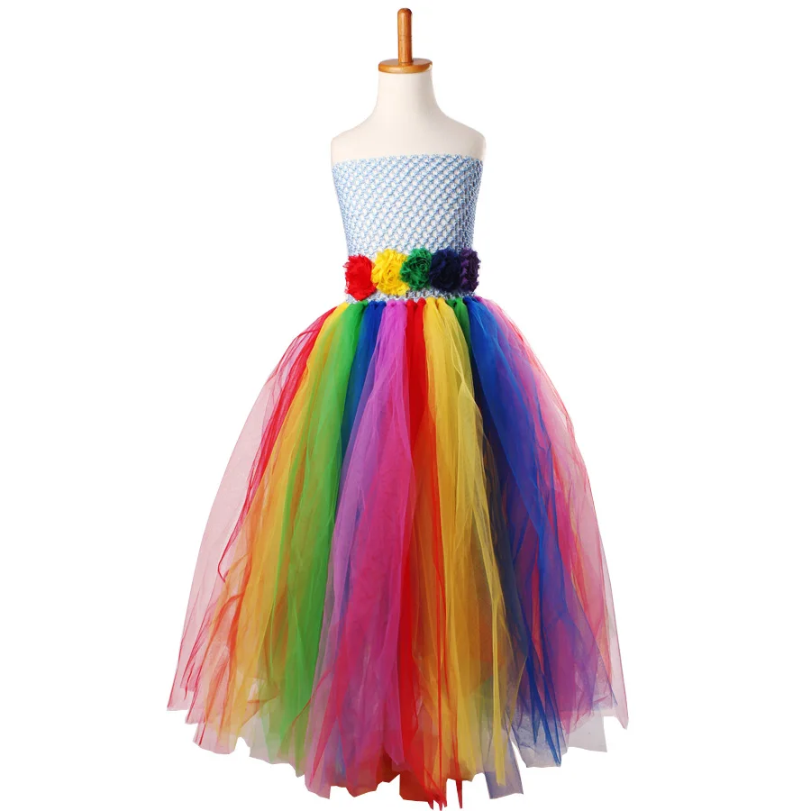 Shabby Flowers Girls Rainbow Tutu Dress Full Length Princess Tulle Dress Kids Birthday Party Ball Gowns Purim Xmas (3)