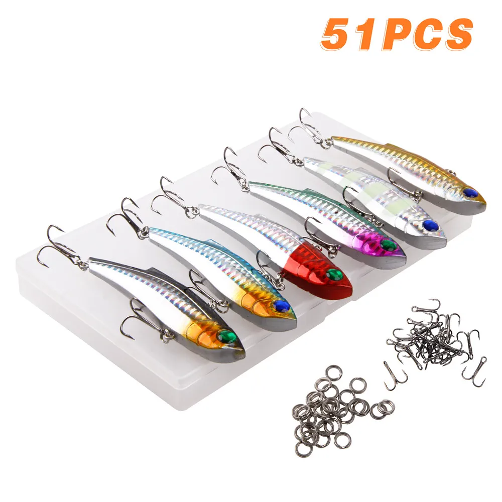 

51pcs/box 27g Hard lead head Lure Vibra laser body Deep sea fishing bait 3D eyes with treble hooks split rings