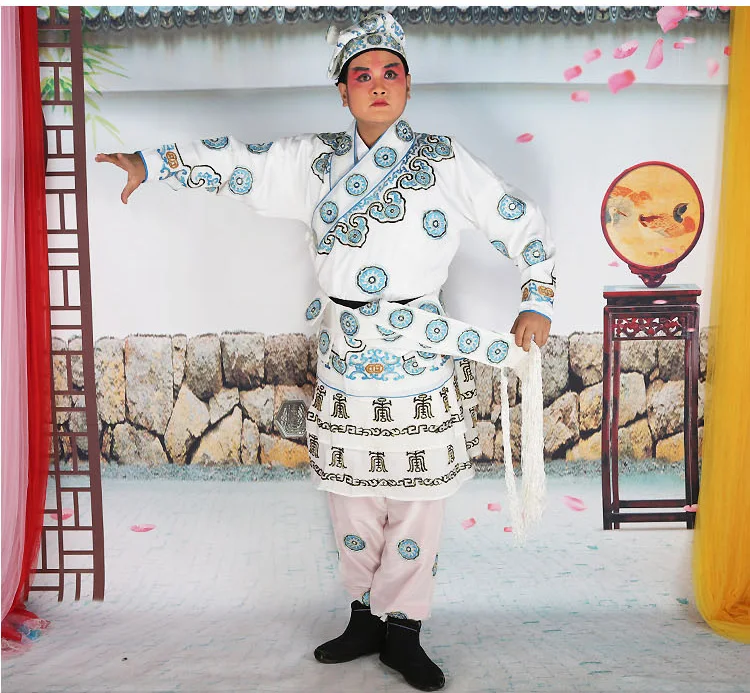 Атласные шелковые мандарин куртка + брюки + шляпа Пекинская опера Мужская драма костюмы wusheng одежда опер кунг-фу боец мужчины одежда