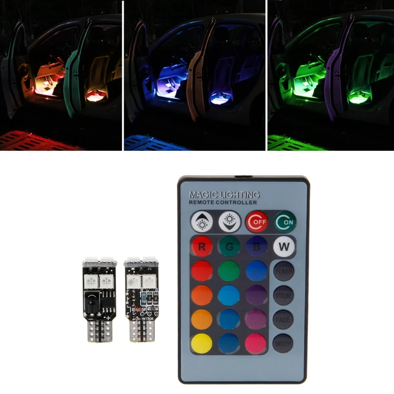 2x T10 RGB светодиодный автомобилей Клин настольная лампа освещения салона авто + пульт Управление