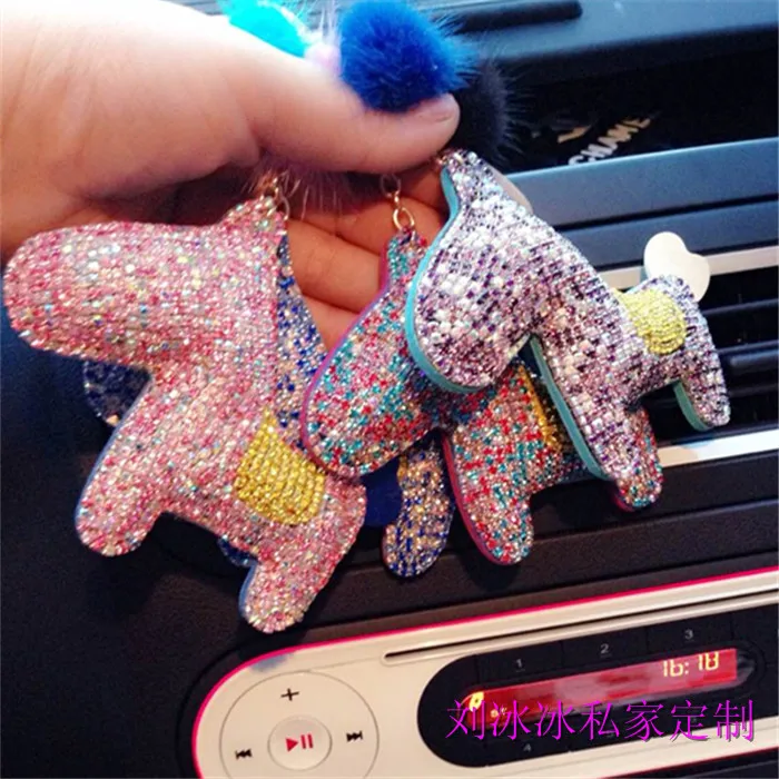 Bling horse key chain Diy rhinestone fur pompom bag charms gem bags