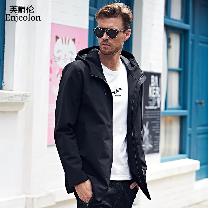 Enjeolon brand Bomber casual long hooded jackets coat men