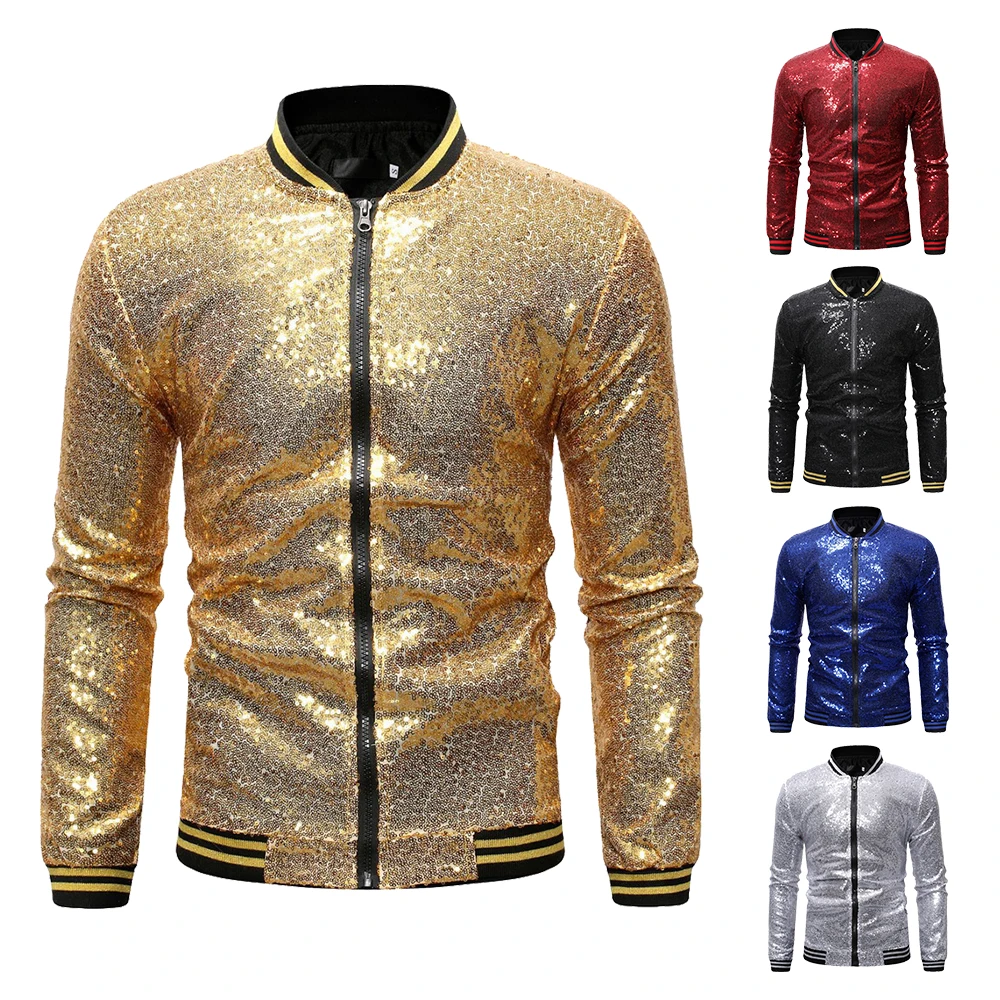 

CYSINCOS Men Shiny Blazers Gold Sequin Glitter Suit Jackets Male Nightclub One Button Suit Blazer DJ Stage Blazers