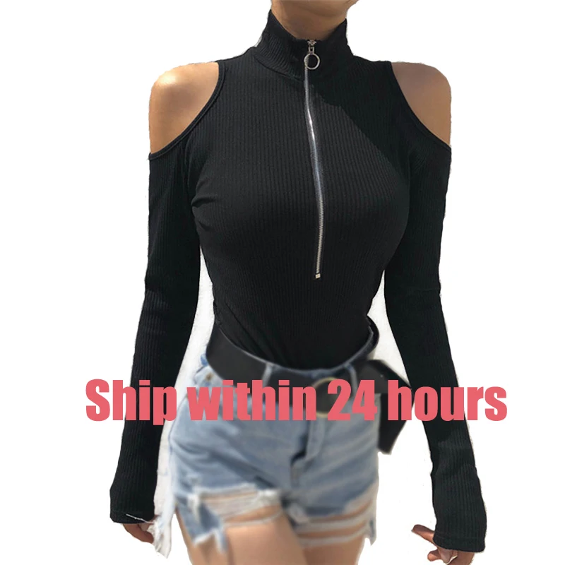 S-2XL, хорошее качество, черная водолазка с открытыми плечами, на молнии, v-образный вырез, сексуальные футболки, боди с v-образным вырезом, футболка с длинным рукавом