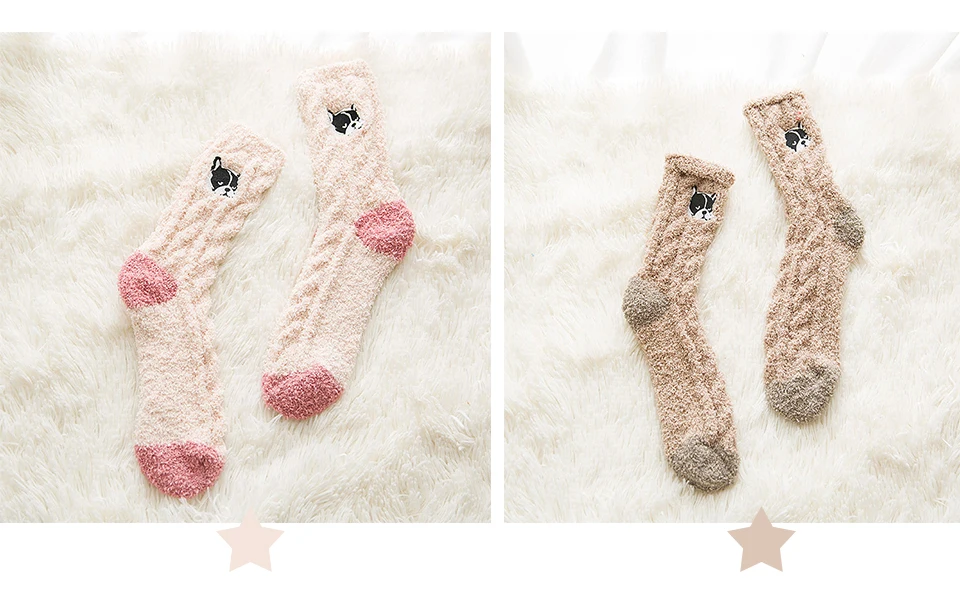2019 Winter New Embroidered Animal Puppies Cat Lady Floor Sock Thick Section Warm Home Coral Velvet Ladies Socks Wholesale (8)