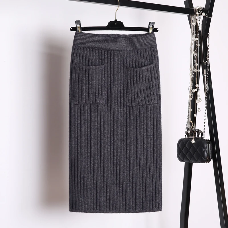 Женская элегантная юбка-карандаш средней длины с разрезом сзади, повседневная трикотажная Зимняя юбка с карманами и высокой талией, женские юбки