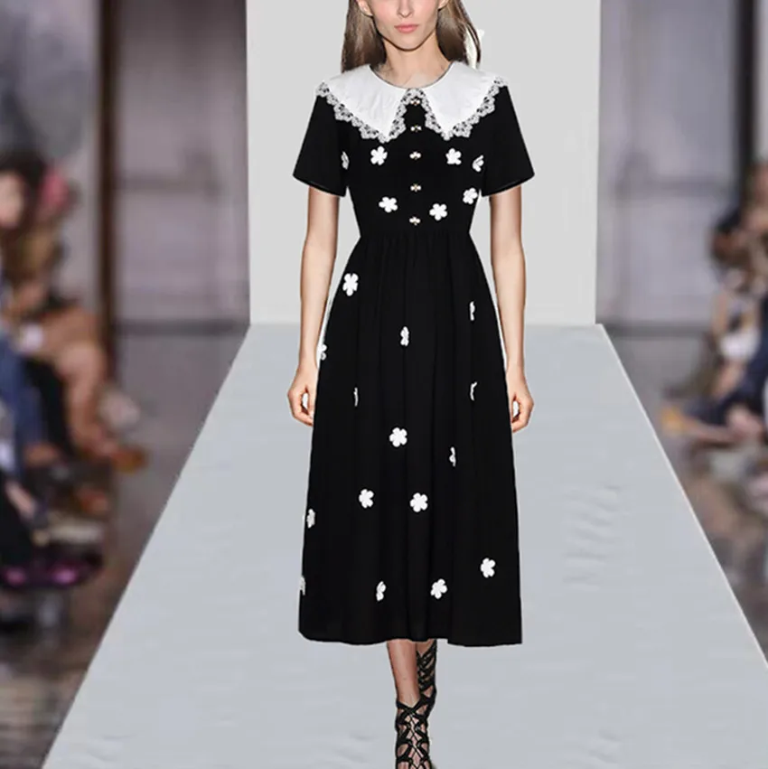 

HAMALIEL 2019 Runway Designer Party Dress Summer Women Peter Pan Collar Patchwork Lace Midi Dress Vintage 3D Floral Swing Dress