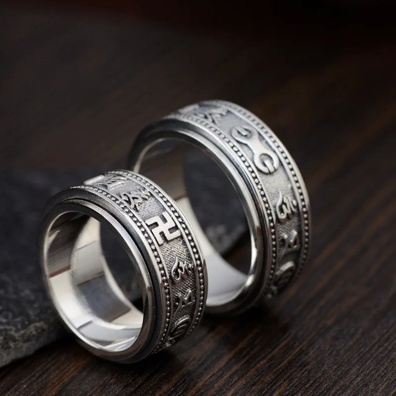 

2019 Lovers' Limited Anel Feminino Emperor S925 Yintai Archaize Process Buddhist Text Couples With Six Words Rotating Ring