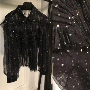 

fashion blusas for women amazing mesh fabric with sequins blouse,bling bling lace blouse,elegant women blouses,black top shirt