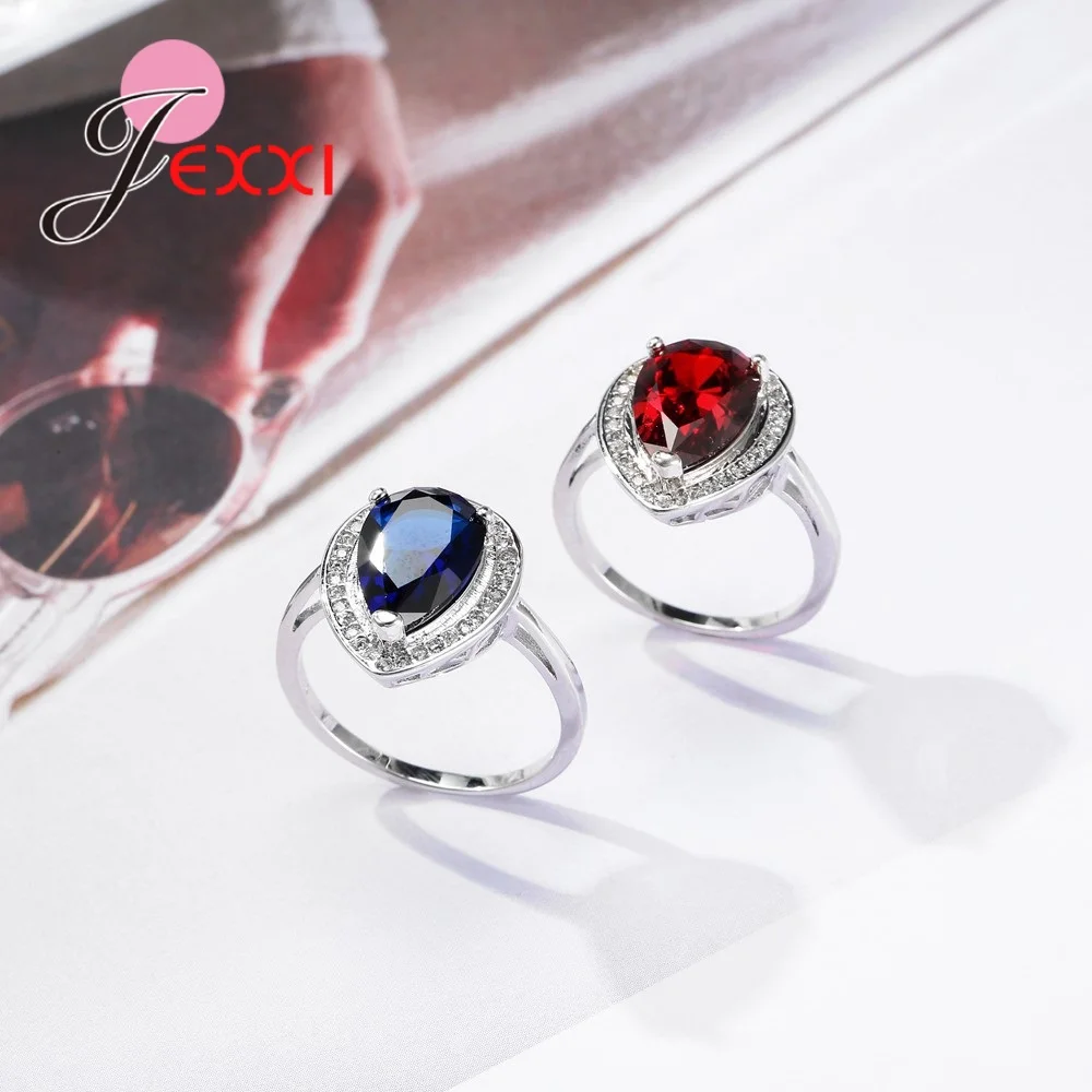 Классические 925 пробы серебряные свадебные кольца с кристаллами в виде капли воды, аксессуары для невест, модное обручальное кольцо с красными синими камнями