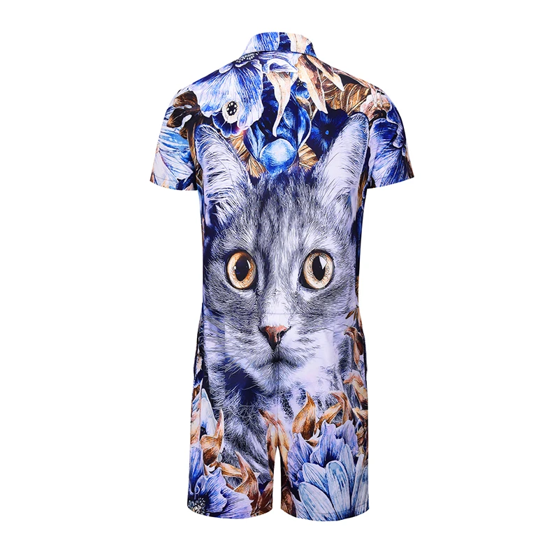 Cute Cat Amimal 3D Print Rompers Men Short Sleeve  Jumpsuit Playsuit Cargo Overalls One Piece Jumpsuit Hawaiian Shirts Men's Set