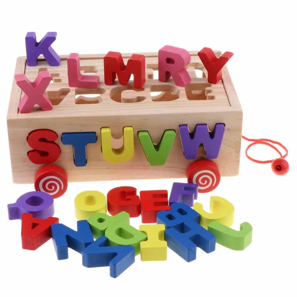 Wooden Shapes Sorter Bus Pull Along Car Early Development Toys for Toddlers Color Shapes Cognition Learning - Letter