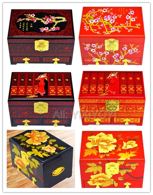 

Beautiful 3 Layer Wood Wedding Flower Jewelry Box with Mirror Drawer Chinese Retro Woman's Dressing Display Box Carrying Case