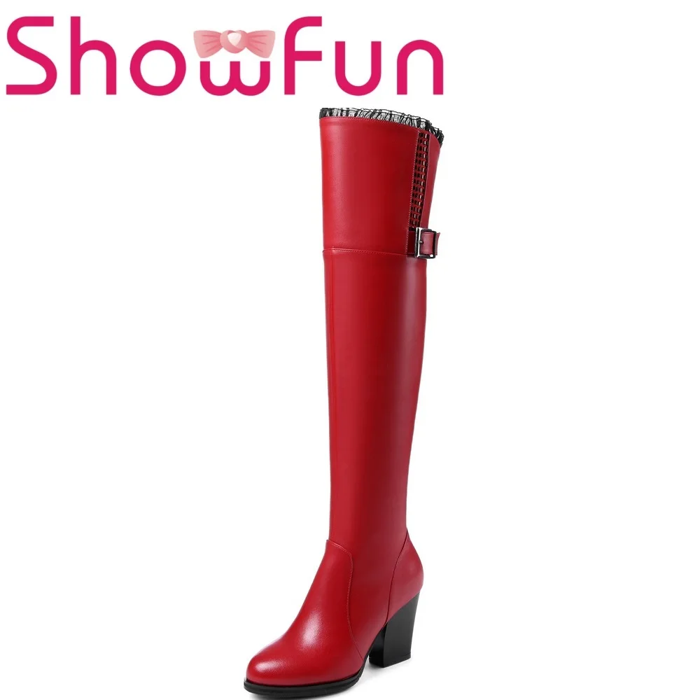 

Showfun genuine leather shoes woman winter solid over-the-knee pointed toe zipper short plush square heel boots