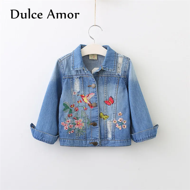 

Dulce Amor Girls Denim Coat Outerwear 2018 Autumn Winter Kids Long Sleeve Embroidery Birds Butterfly Flower Hole Jeans Jacket