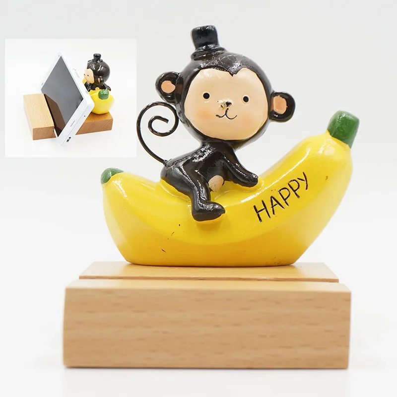 Natural Wooden Cell Phone Holder Stand Cute Cartoon Monkey banana Happy