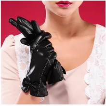 Новые стильные женские перчатки из натуральной кожи с бантиком для езды на автомобиле из овчины осень-зима плюс бархатные теплые перчатки