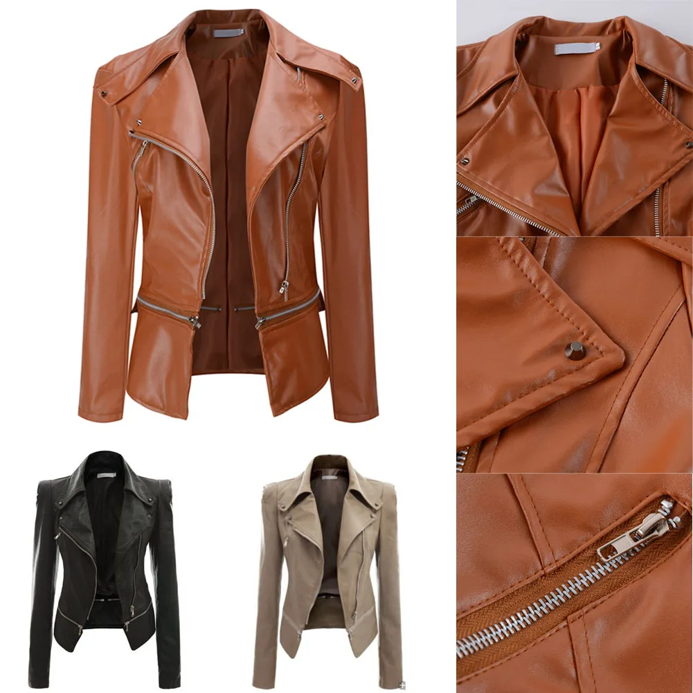 price cut  Women Autumn And Winter PU Locomotive Leather Jacket Coat Long Sleeve Lapel Collar Slim Zipper Two 