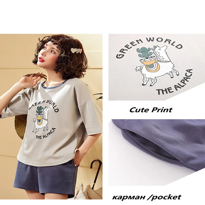 

2 Piece/Set Pajamas Set Women Soft Cotton Summer Sweet Pocket Pyjamas Female Shorts Shirt Stitch Lingerie 2019 Homen Sleepwear