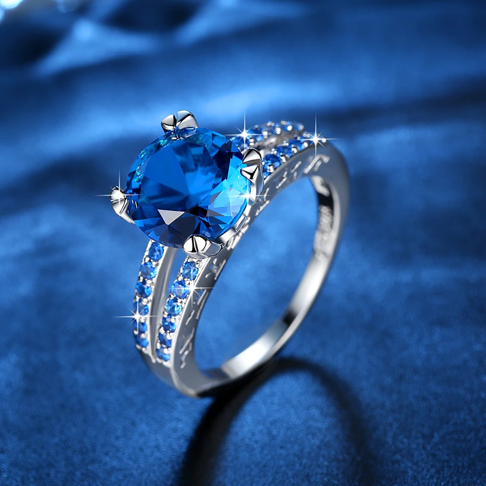 prong setting shiny blue crystal high quality silver rings women's