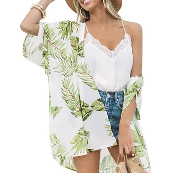 

Large Size Bohemian Blouse Womens Half Sleeve Chiffon Print Kimono Cardigan Sandy Beach Smock Easy Blouse blusa feminina